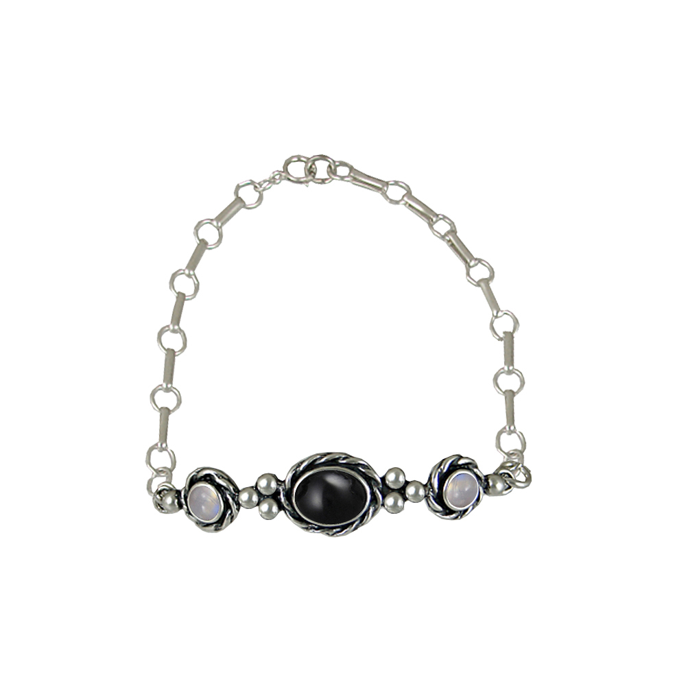 Sterling Silver Gemstone Adjustable Chain Bracelet With Black Onyx And Rainbow Moonstone